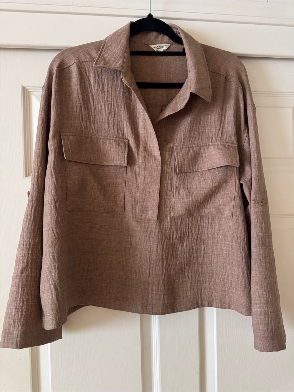 Lightweight Button-Front Shirt Jacket in Brown. Max Studio